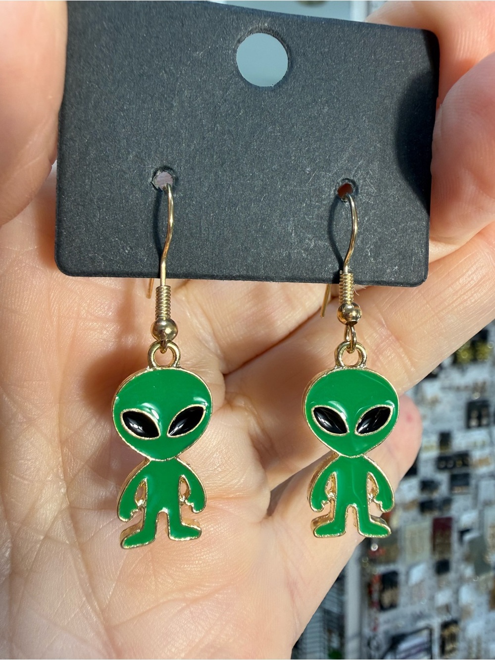 Green Alien Drop Earrings for Women - Playful Green Enamel Design